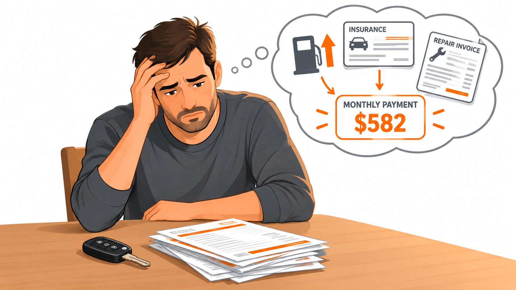 A worried man sitting at a desk with car keys, stressed about high monthly car payments and expenses.