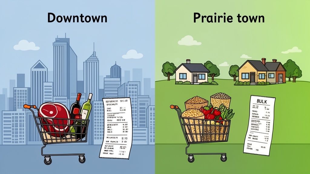 Grocery shopping carts and receipts comparing downtown specialty items with prairie town bulk goods.