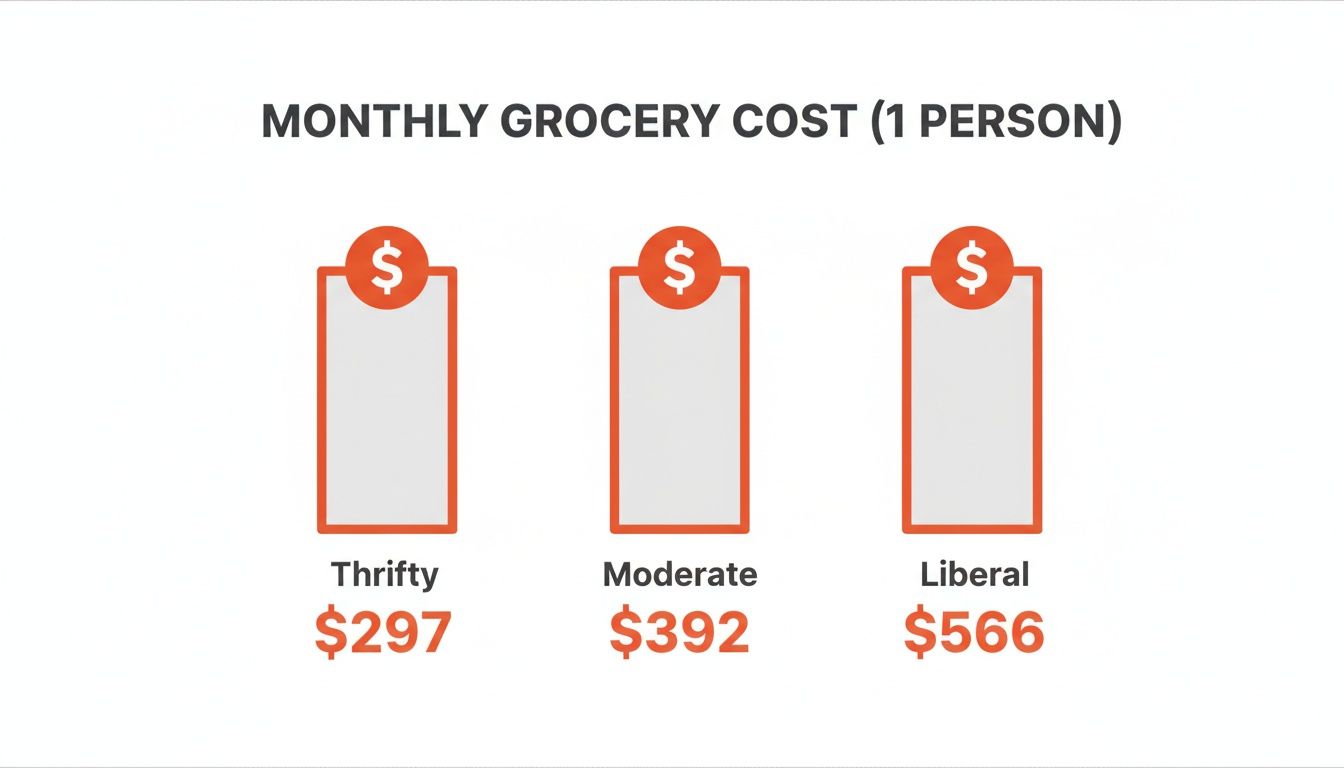 Monthly grocery costs for one person displayed across Thrifty, Moderate, and Liberal budgets.