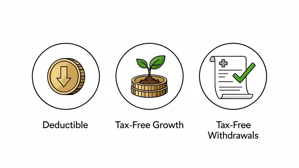 Icons illustrating three financial benefits: deductible, tax-free growth, and tax-free withdrawals.