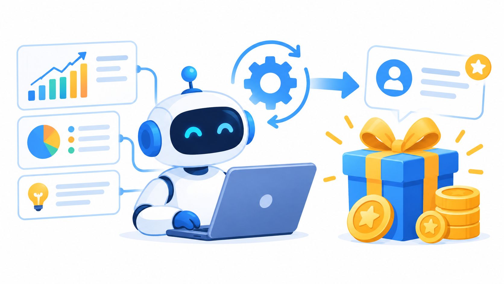 A friendly white robot working on a laptop, generating rewards from data charts and analytics.