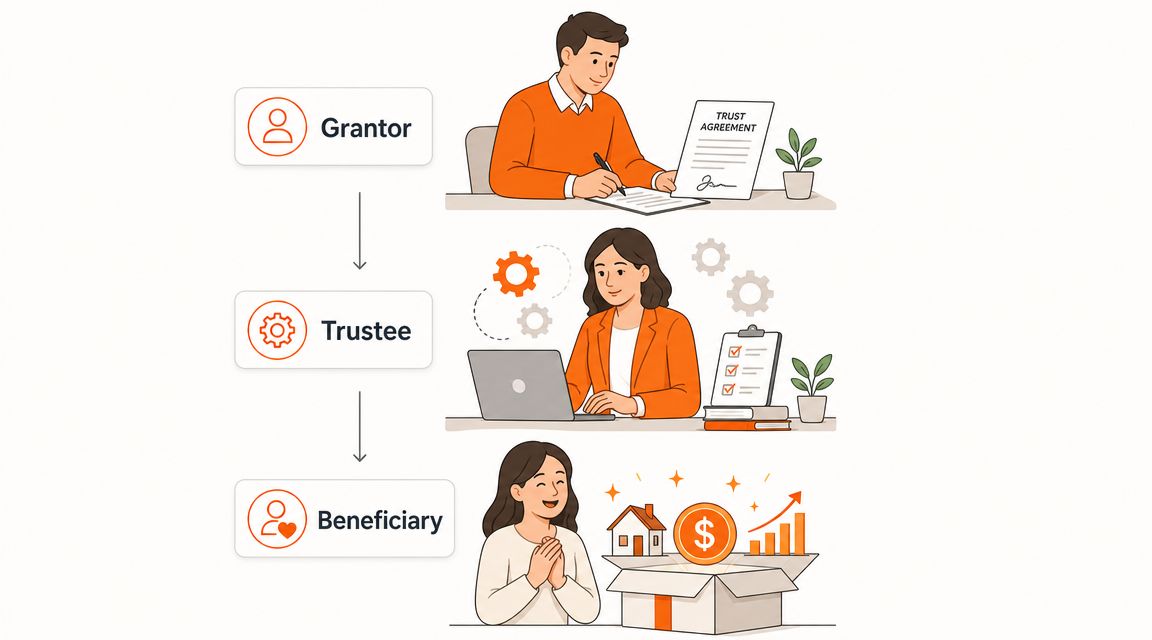 A diagram illustrating the roles of a grantor, trustee, and beneficiary in a trust agreement process.