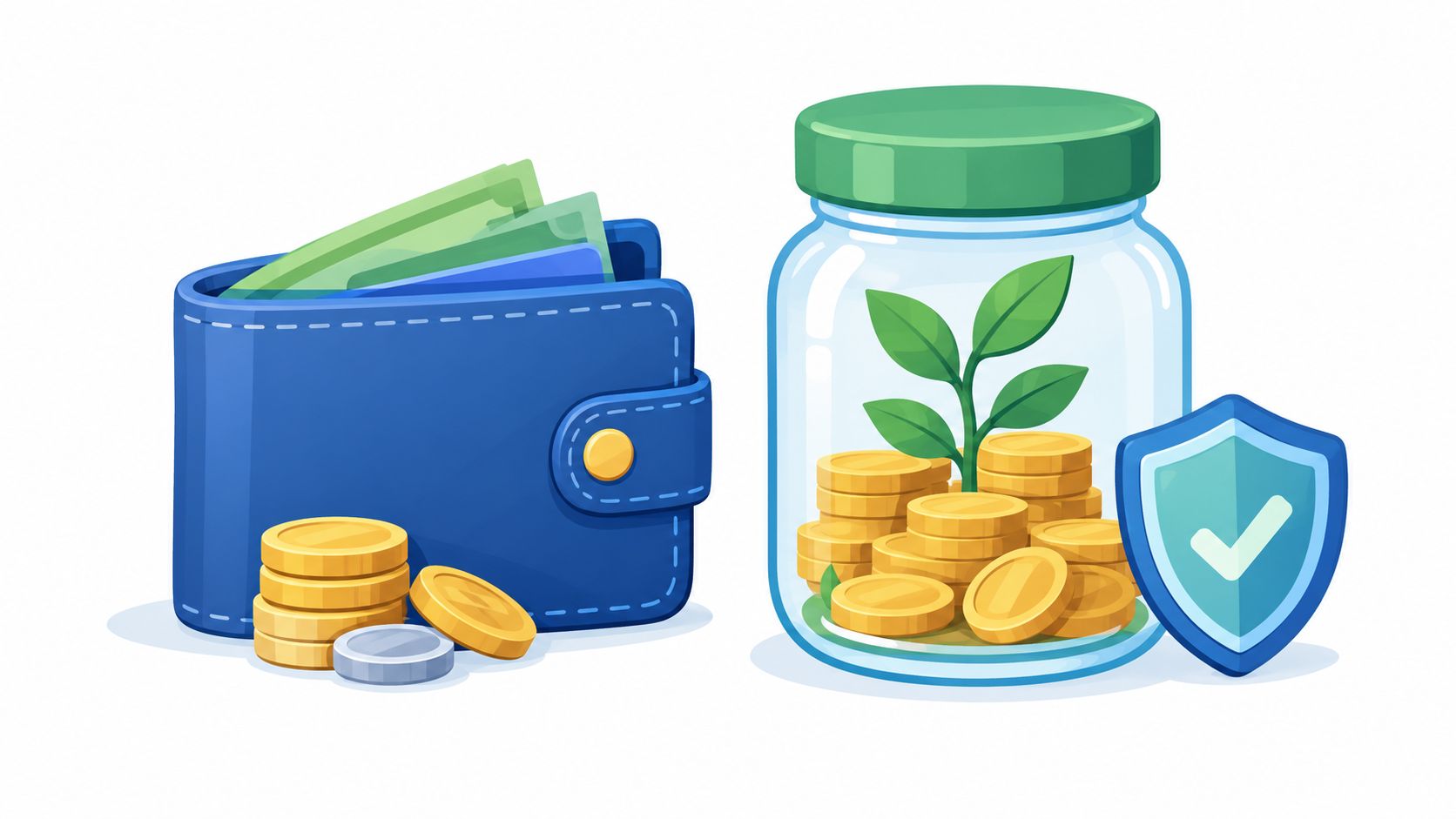 A blue wallet with paper money and coins alongside a glass jar containing coins and a plant.