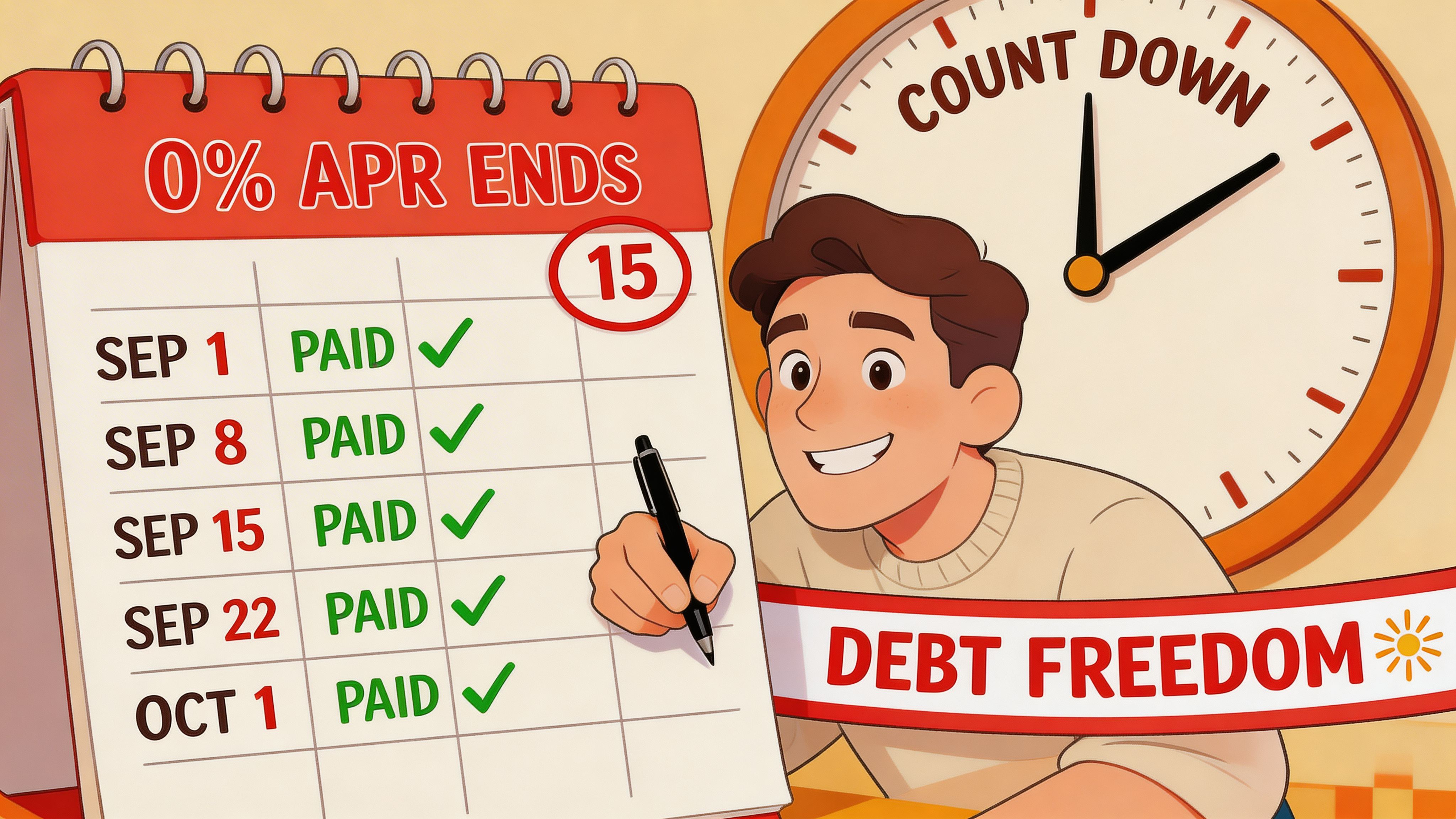 A man smiling while checking off paid debt entries on a calendar, anticipating financial debt freedom.