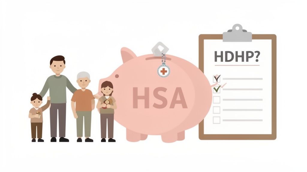 Illustration of a family next to an HSA piggy bank and a clipboard asking about HDHP.