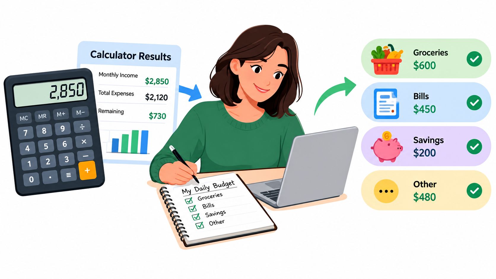 A woman working on her daily budget using a calculator, laptop, and notebook with financial categories.