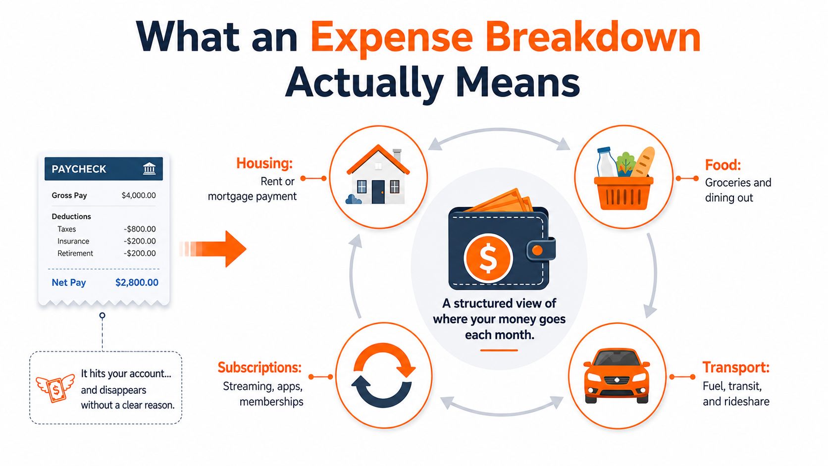 An infographic illustrating an expense breakdown, showing how monthly net pay is allocated across various living categories.