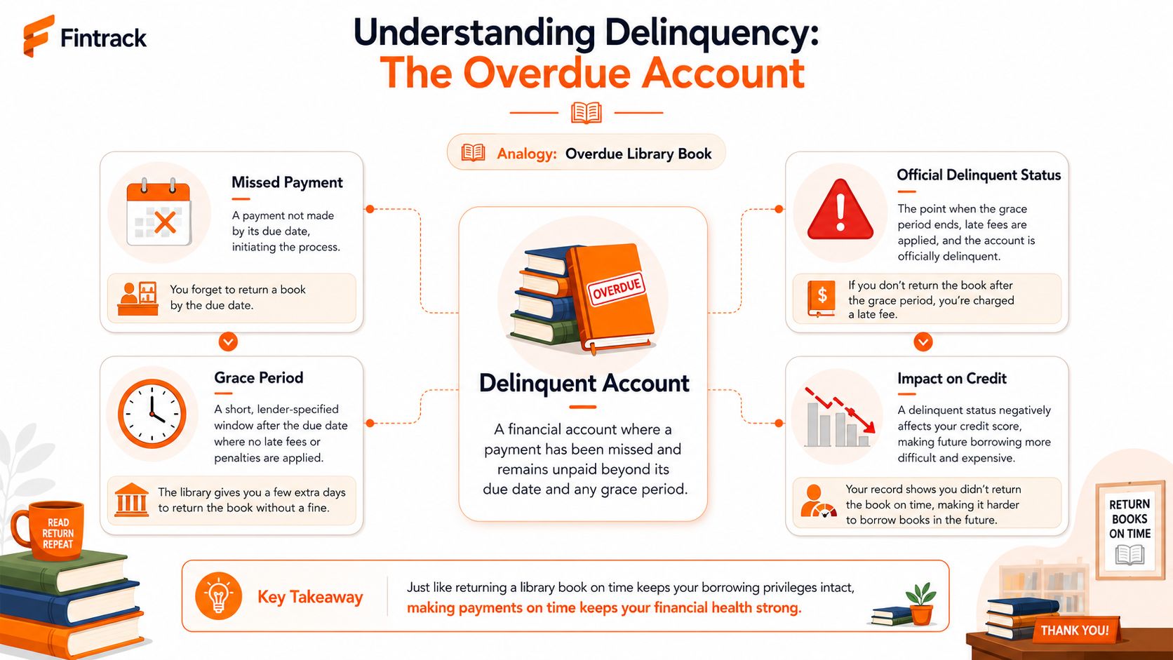 An infographic explaining the concept of a delinquent account using the analogy of an overdue library book.