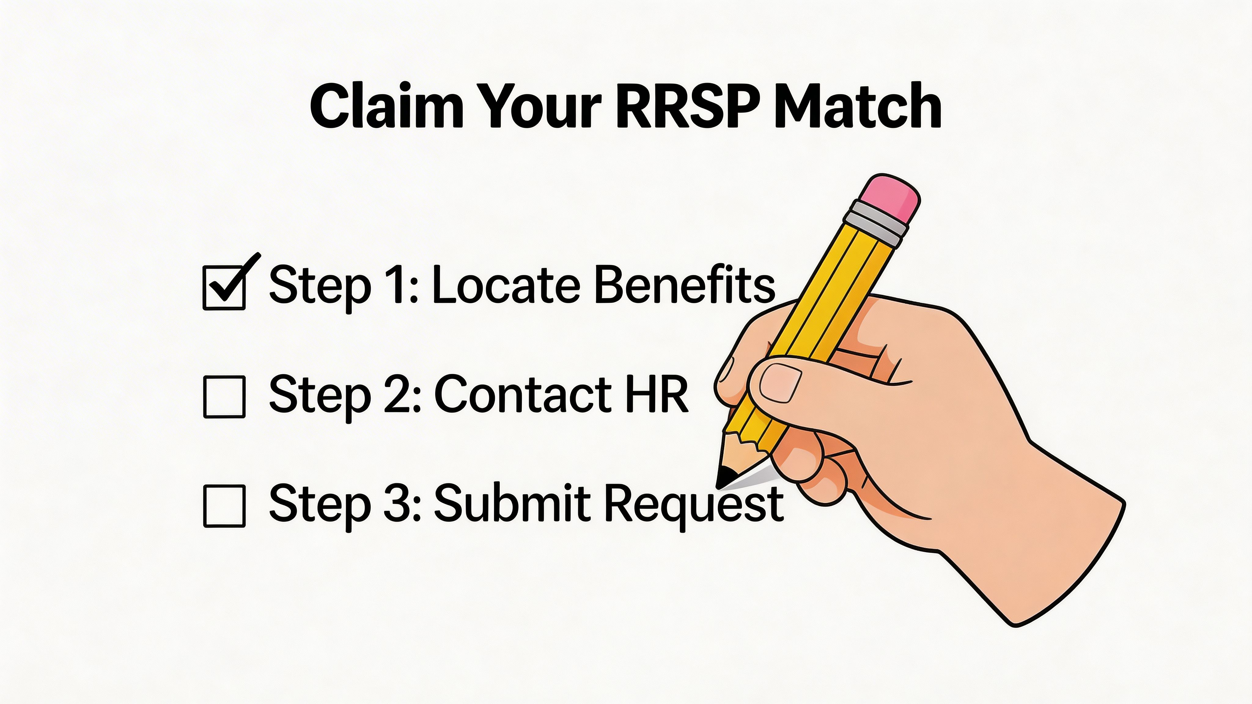 A hand holding a yellow pencil checking off the first step on an RRSP matching guide.