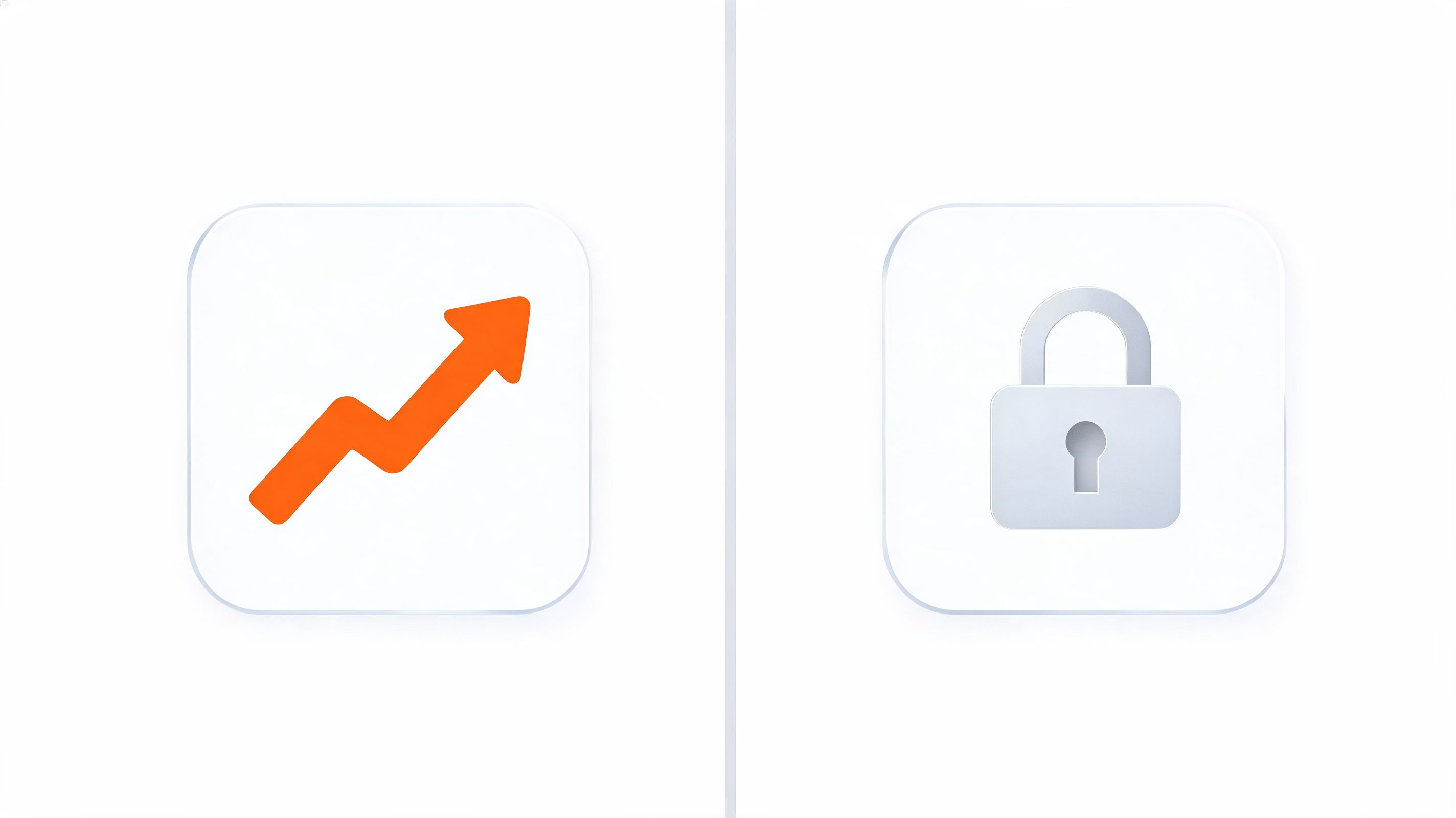 Two rounded square glass-morphism icons representing an upward orange trending arrow and a silver security padlock.