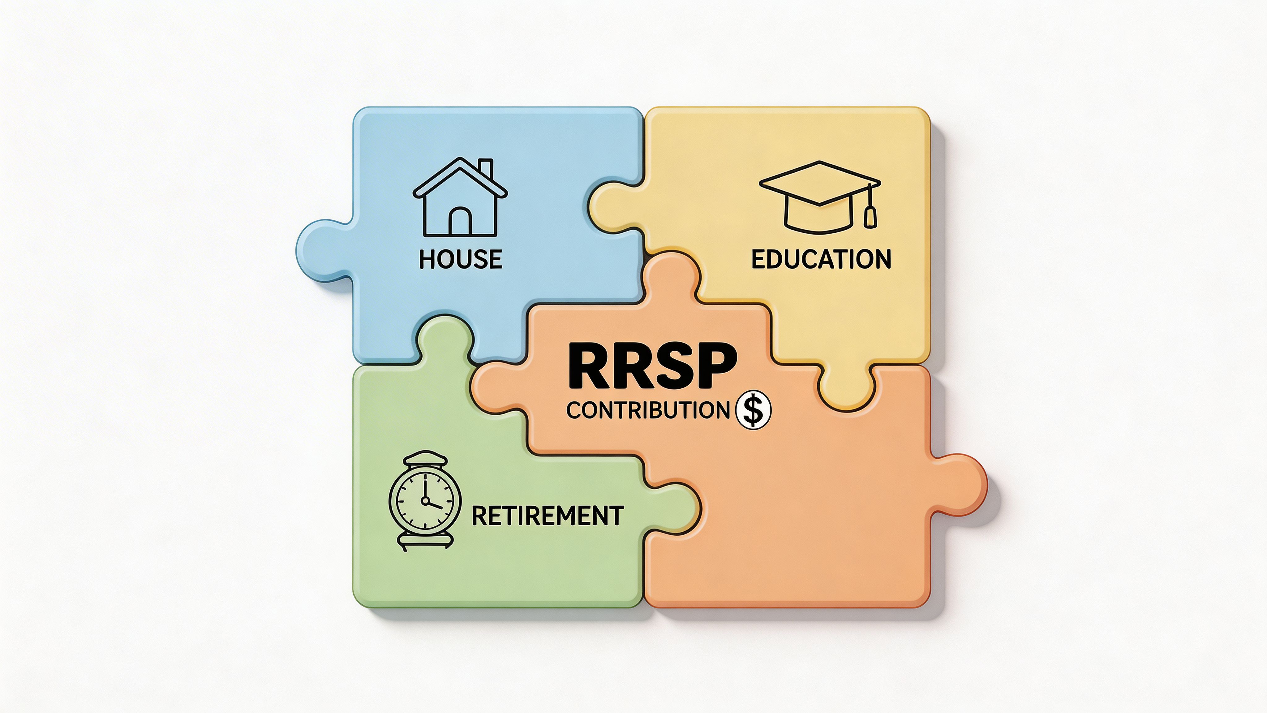 A puzzle graphic showing RRSP contributions can be used for house, education, and retirement planning goals.