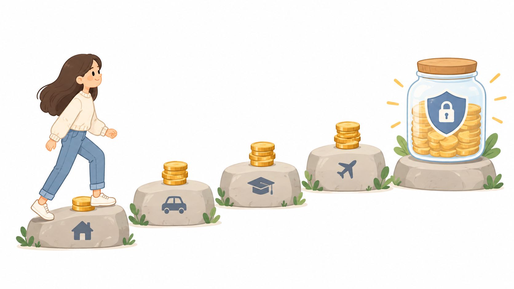 A girl climbing stepping stones representing financial goals like housing, car, education, and travel to savings.