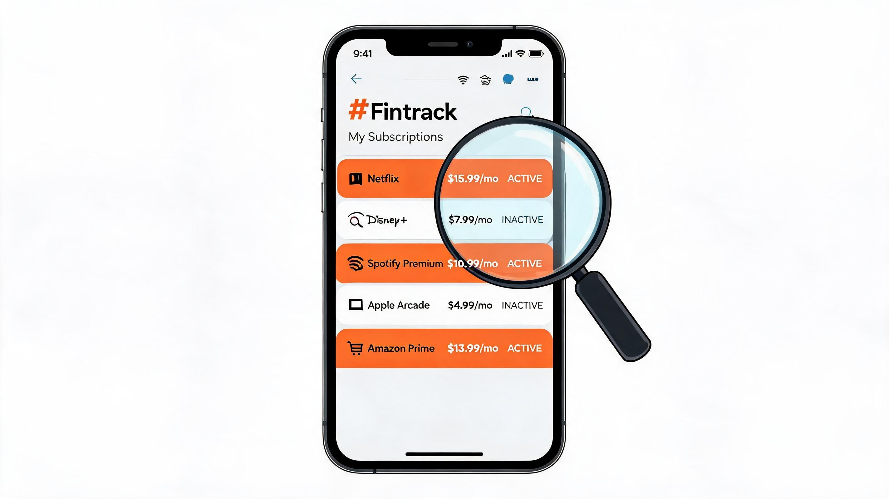 A smartphone screen displaying a Fintrack app interface showing a list of active and inactive monthly subscriptions.
