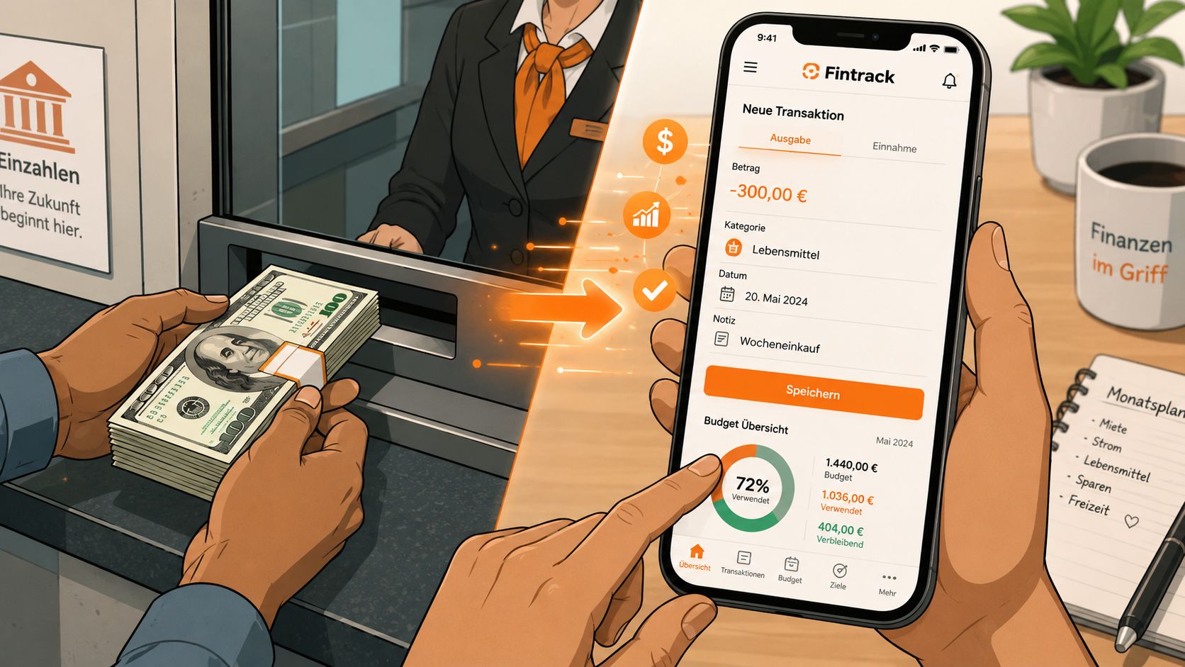 A person using a personal finance app on a smartphone while handling cash at a bank counter.