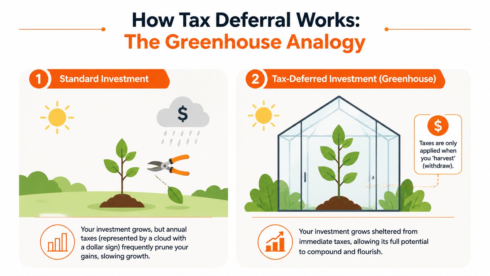 An infographic showing the greenhouse analogy to explain how tax deferral helps investments grow over time.