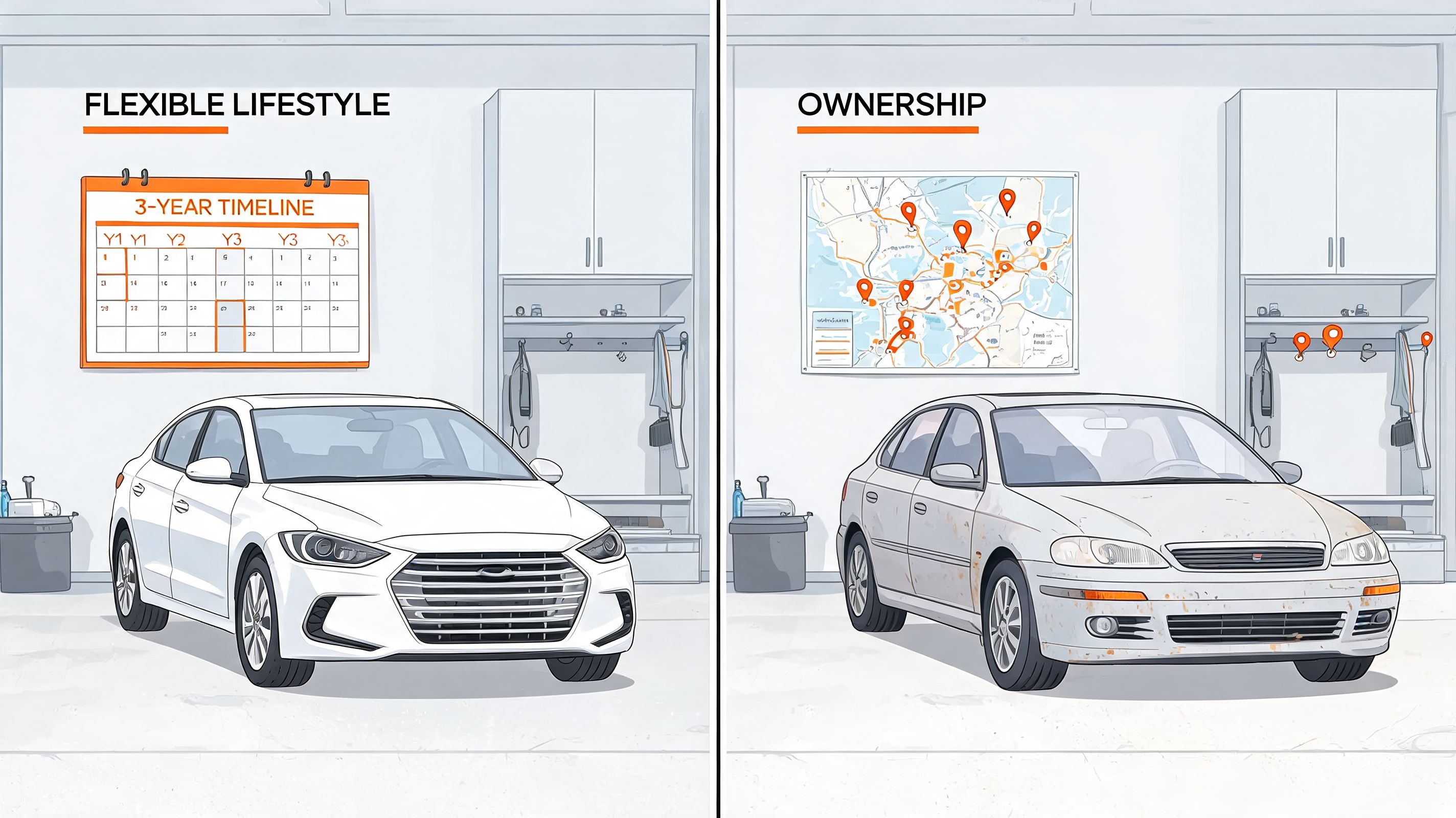 Comparison of owning a car versus flexible leasing options for personal transportation and lifestyle needs.
