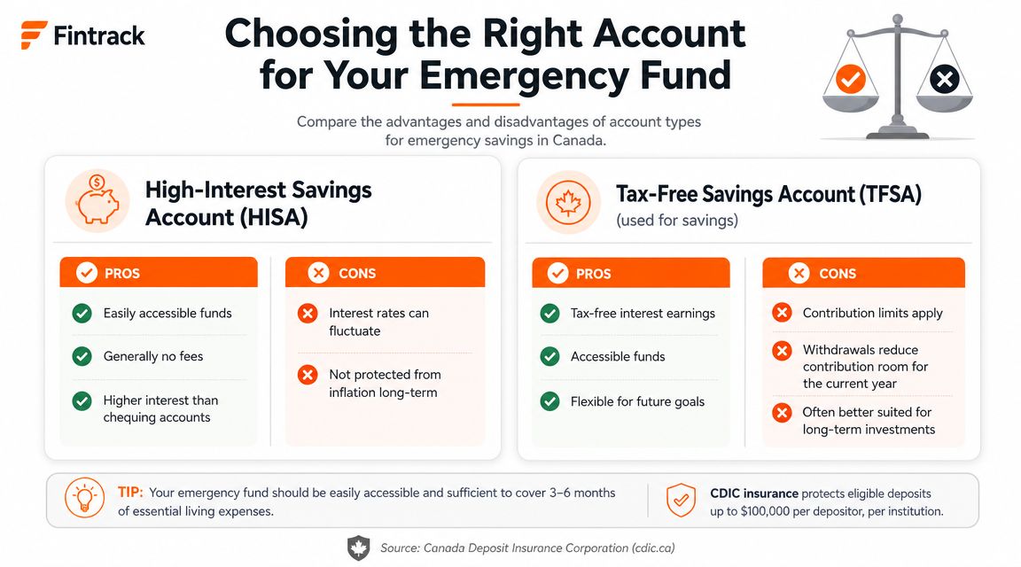 A comparison chart outlining the pros and cons of using HISAs and TFSAs for Canadian emergency funds.