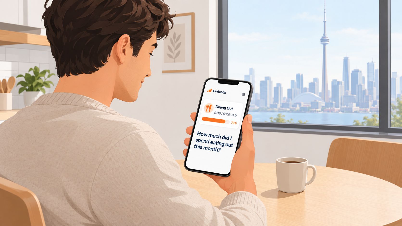 A person looking at a personal finance app on their smartphone while sitting at a table.