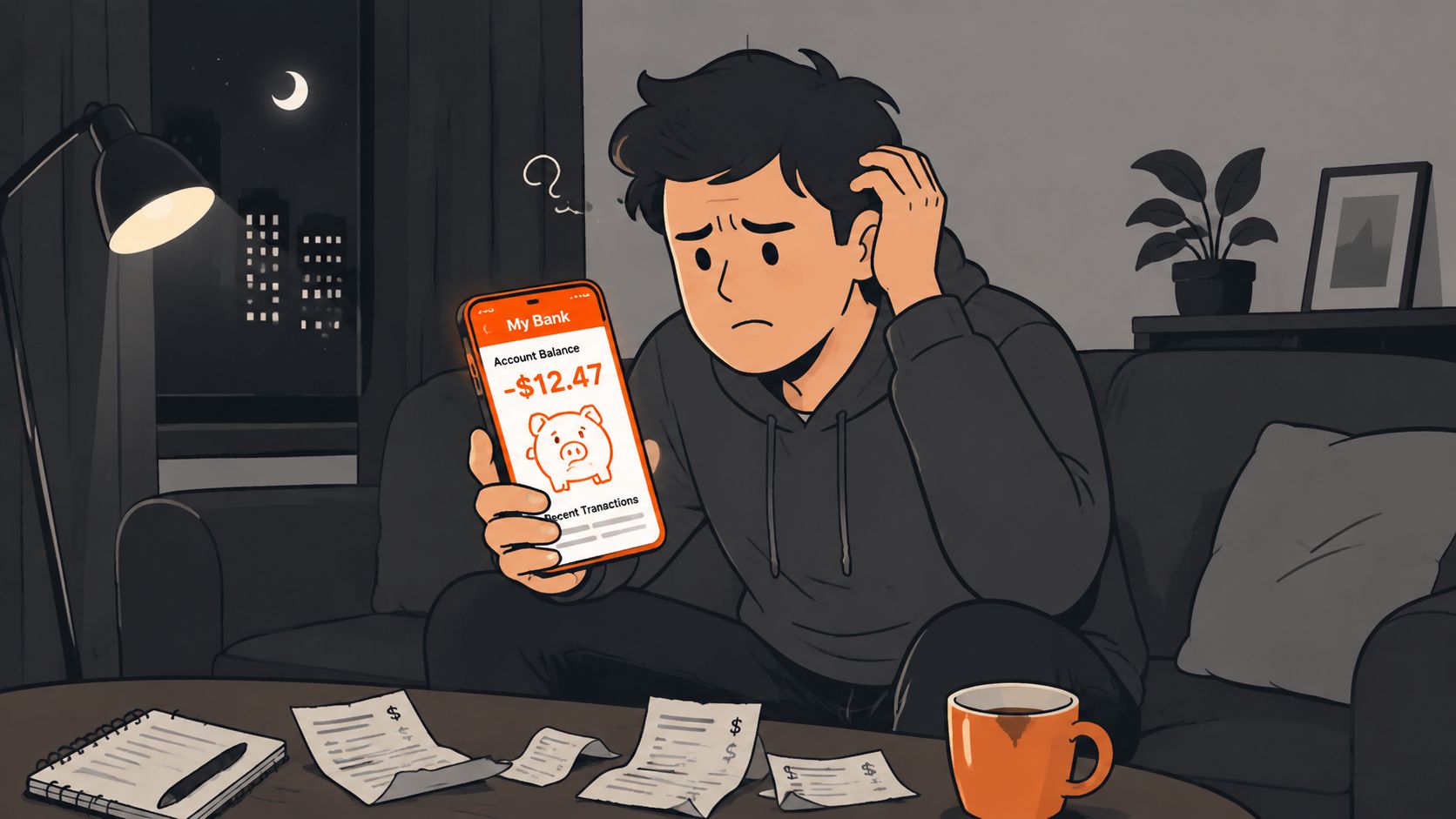 A worried young man looking at his negative bank account balance on a smartphone while sitting at home.