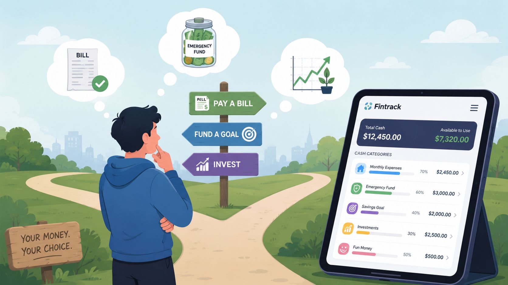 A young man pondering financial decisions between paying bills, saving money, or investing using a tracking app.