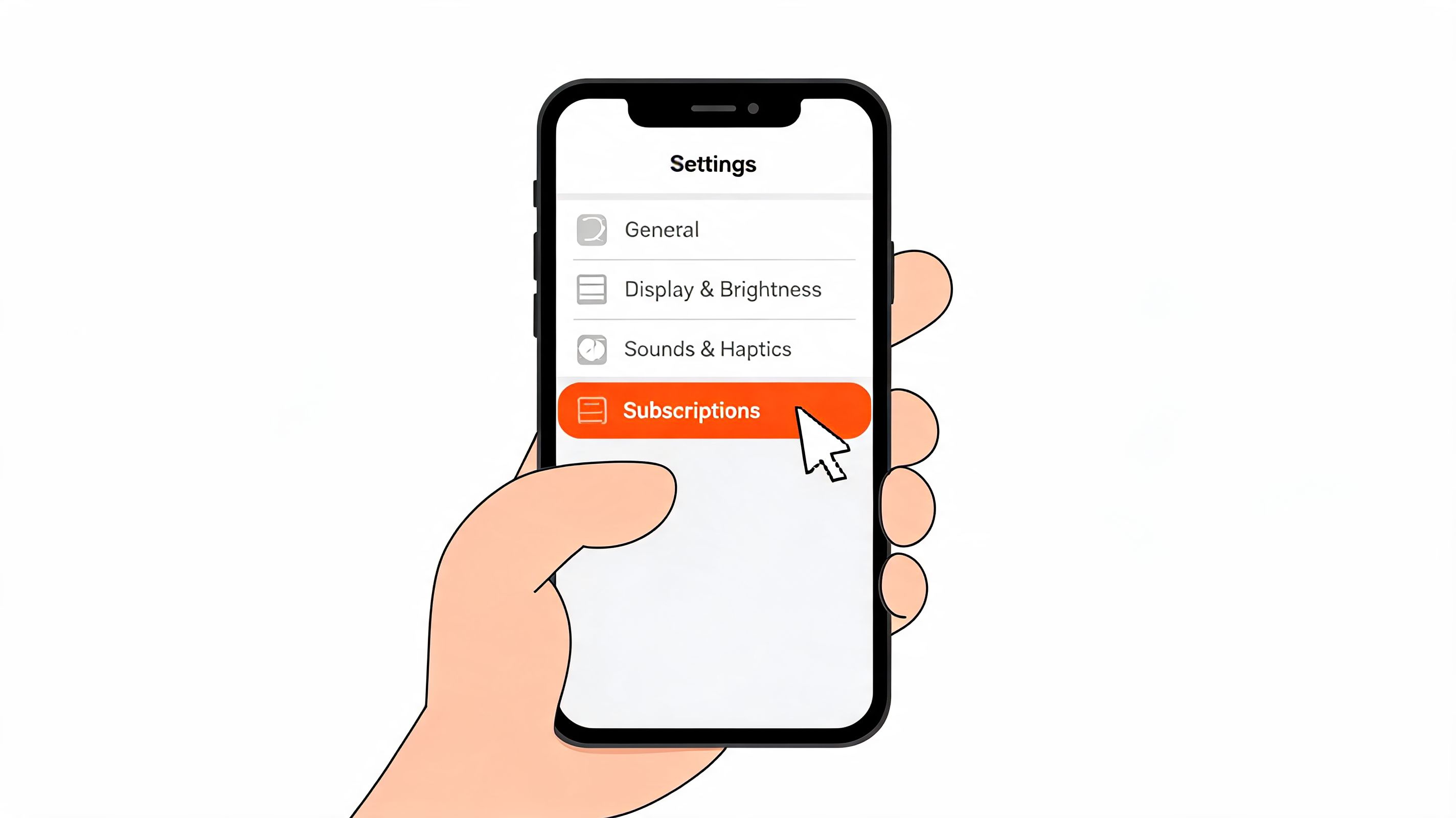 A hand holding a smartphone with the Settings menu and Subscriptions option highlighted on the screen.