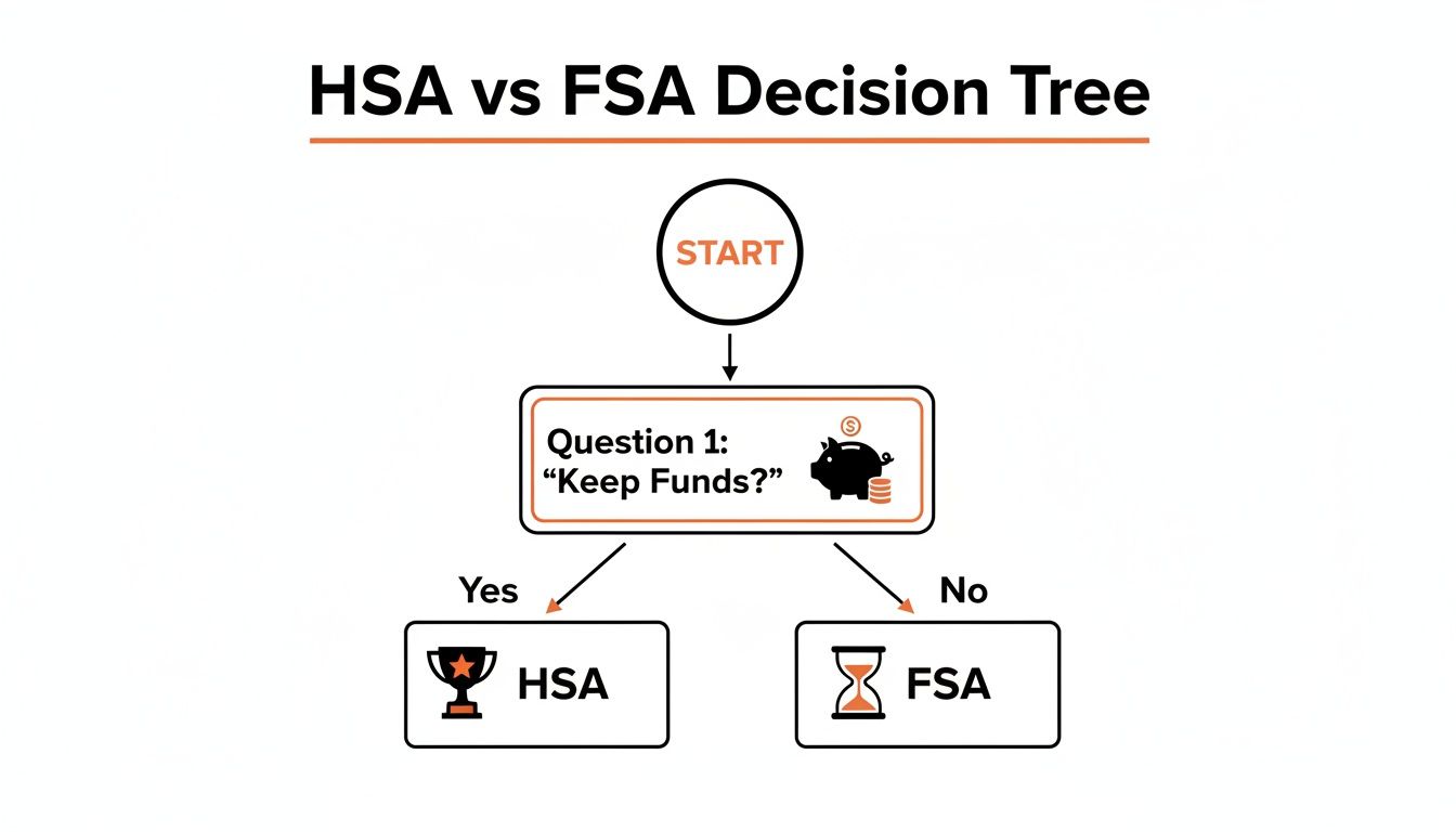 A decision tree flowchart titled 'HSA vs FSA Decision Tree' asking 'Keep Funds?', leading to HSA for yes and FSA for no.
