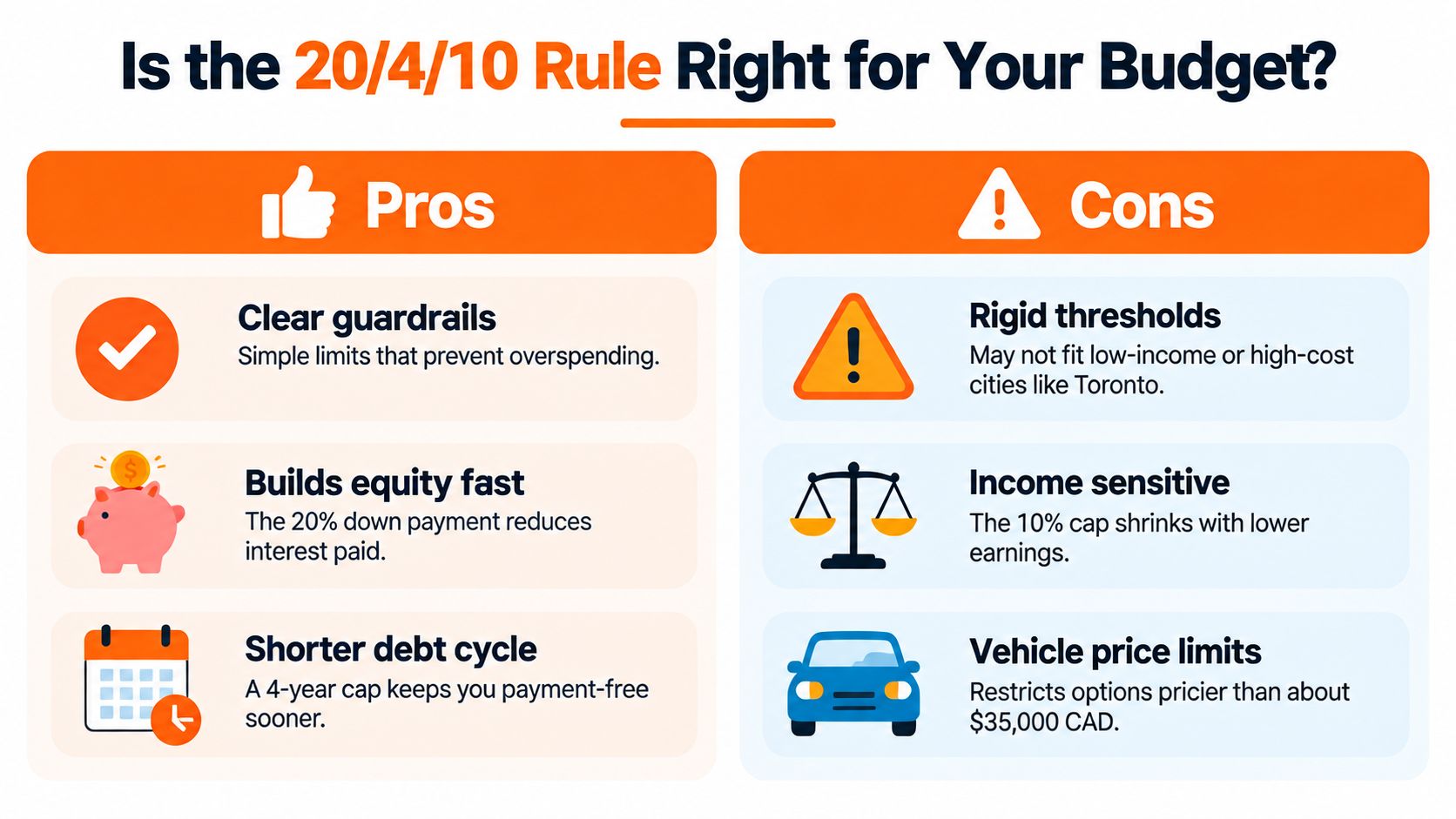 A comparison chart outlining the pros and cons of the 20/4/10 budgeting rule for vehicle financing.