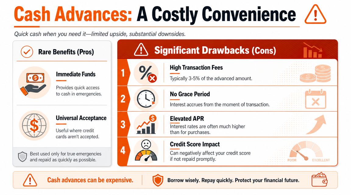 An infographic titled Cash Advances: A Costly Convenience, detailing the pros and cons of using cash advances.
