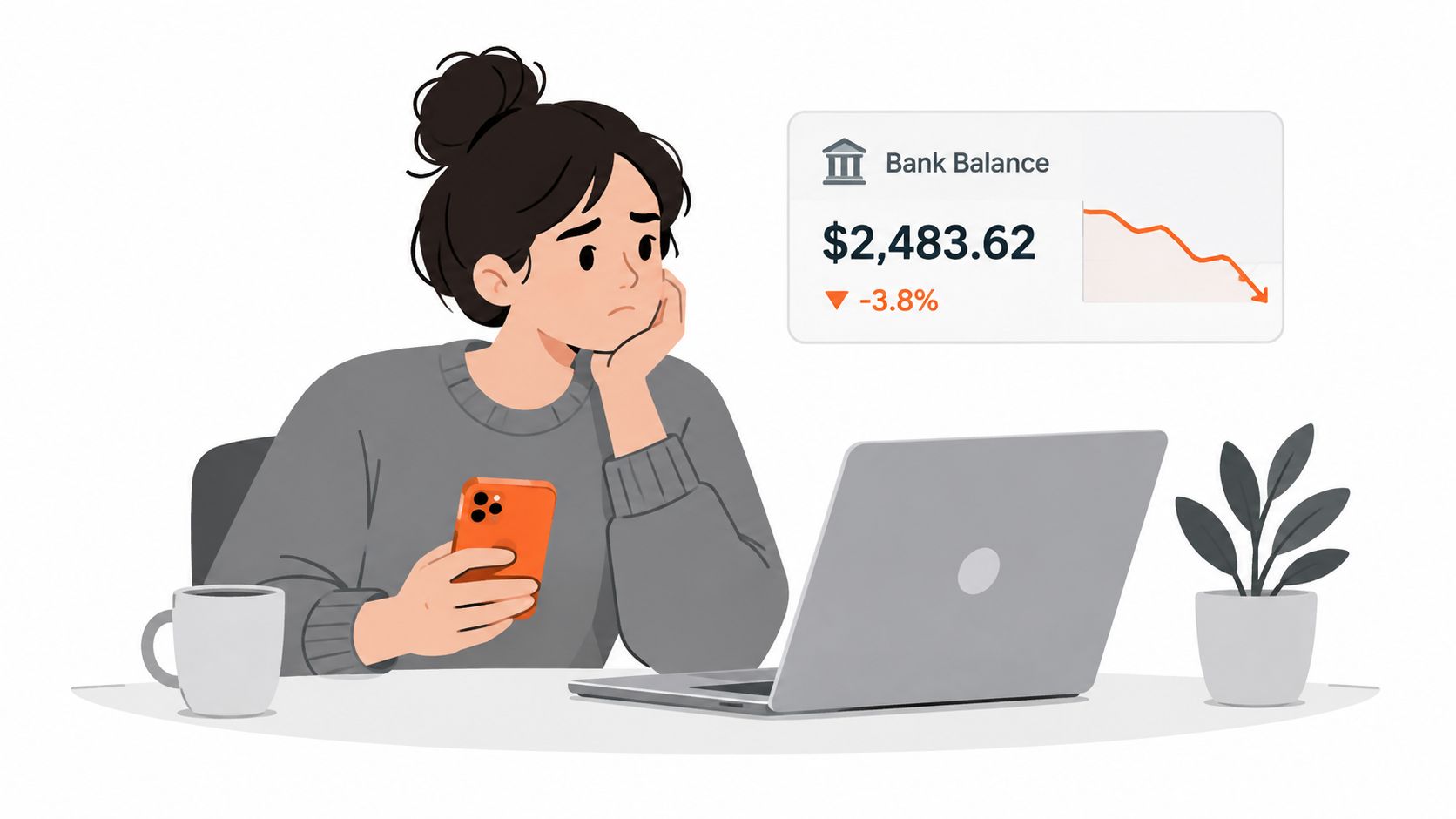A concerned young woman checking her bank account balance on a smartphone while looking at a laptop.