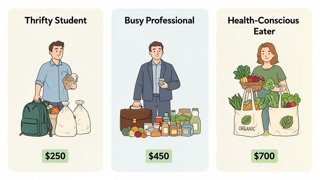 Illustrations showing monthly grocery costs for a thrifty student ($250), busy professional ($450), and health-conscious eater ($700).