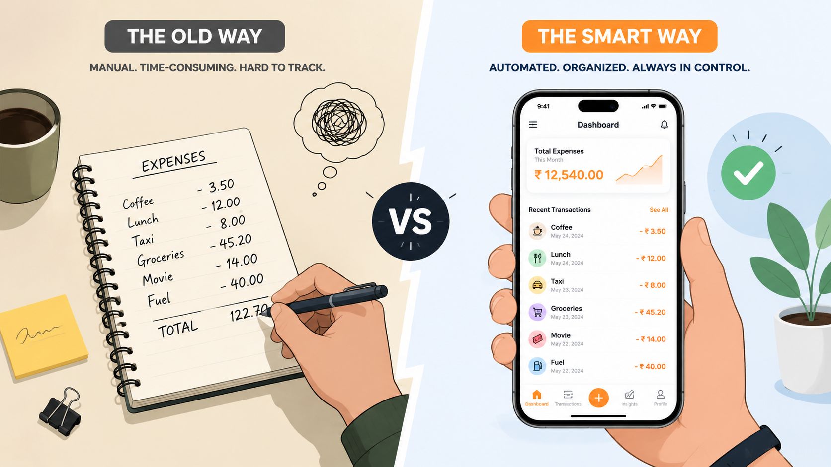 A comparison showing manual handwritten expense tracking versus an automated mobile app for financial management.