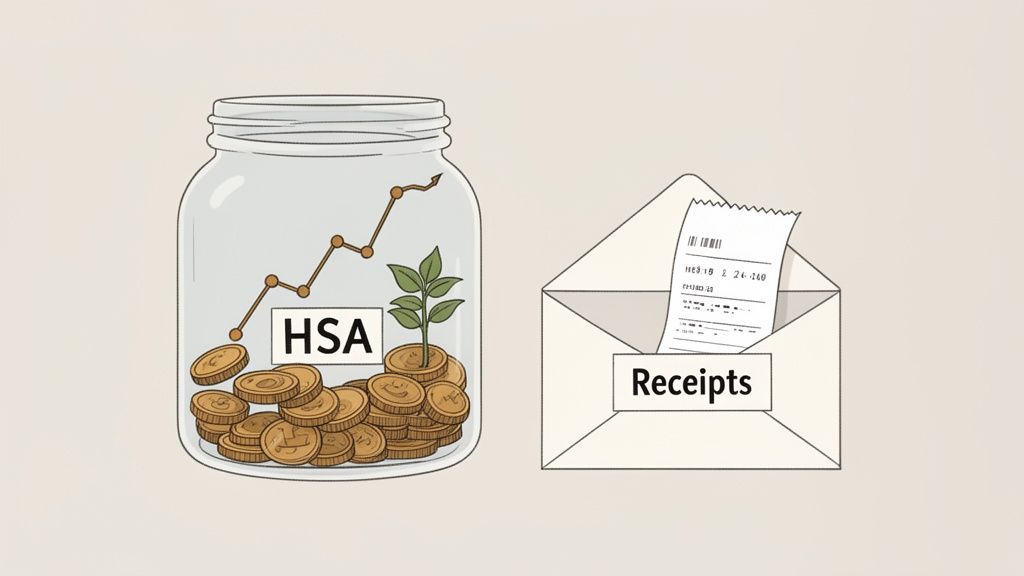 An HSA jar filled with growing money and a graph, next to an envelope of receipts.