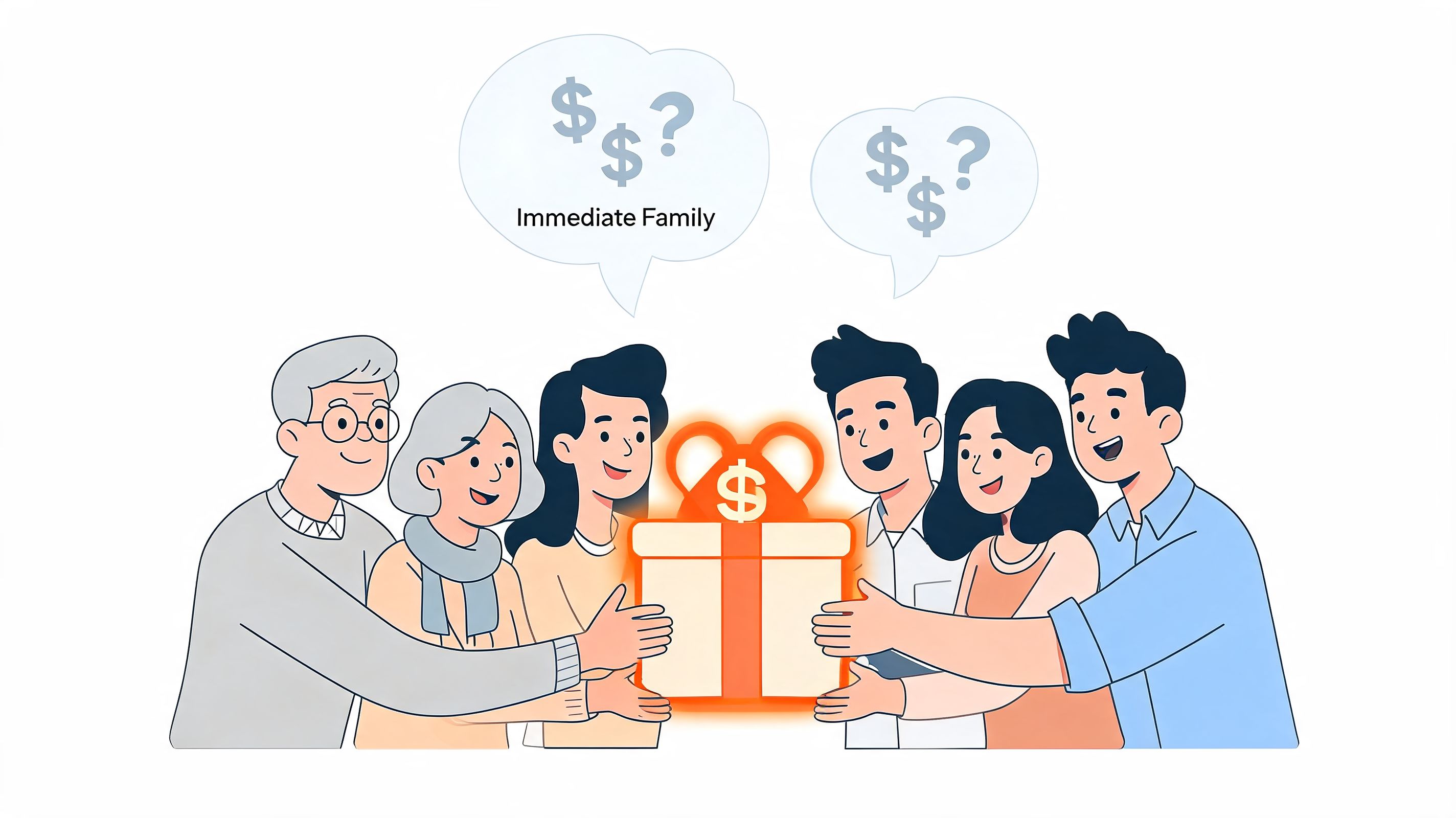 A diverse family group gathered around a glowing gift box containing a dollar sign symbol.