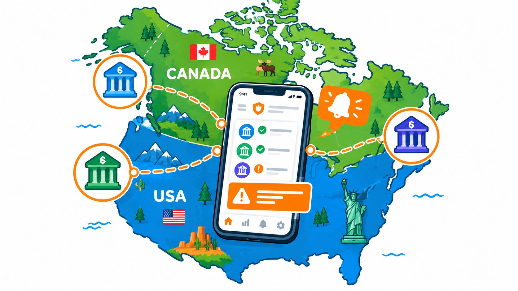 A smartphone display showing a budget app connected to various bank locations across a North American map.