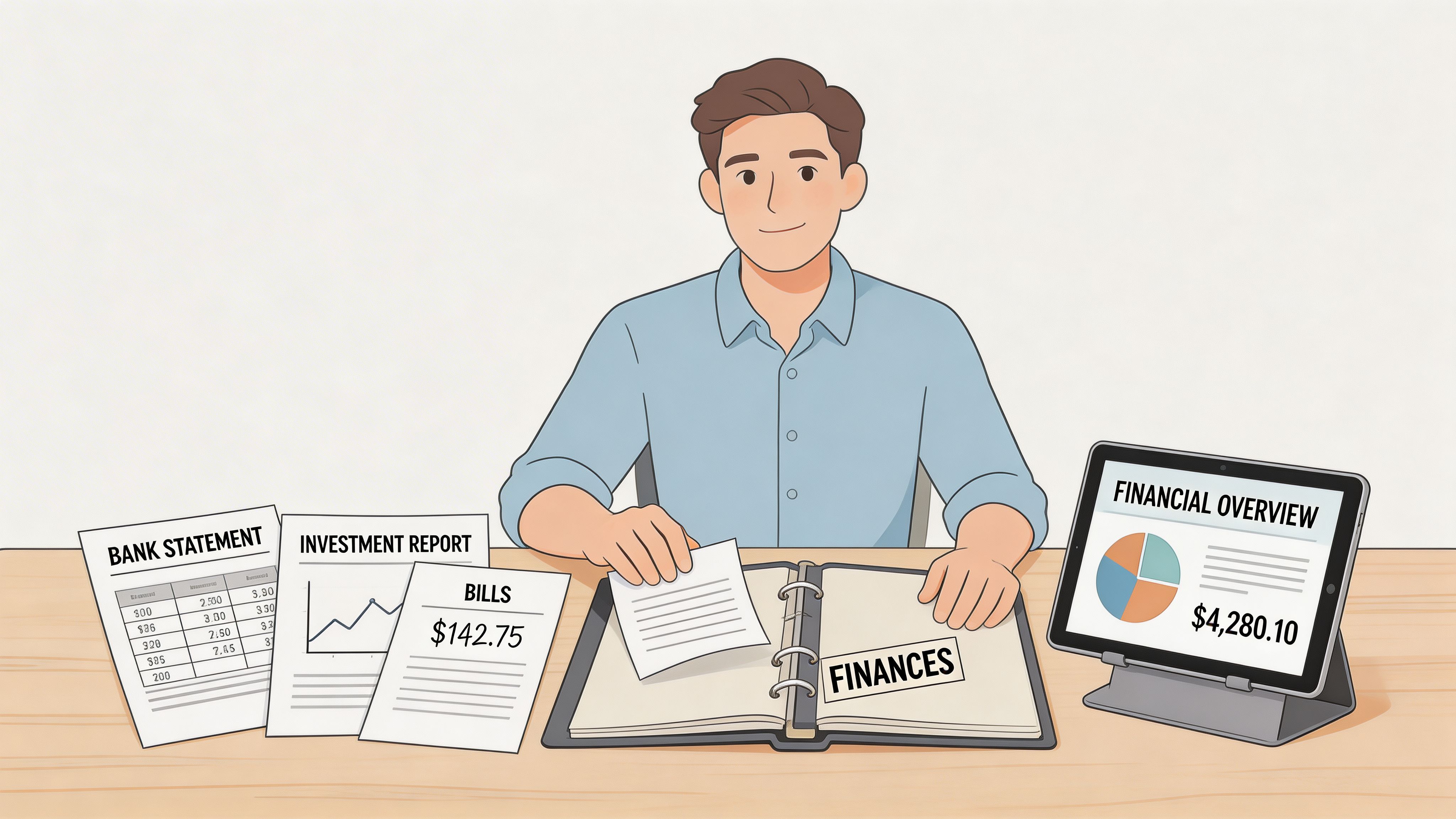 A man sits at a wooden desk organizing financial documents, bills, and investment reports next to a tablet.