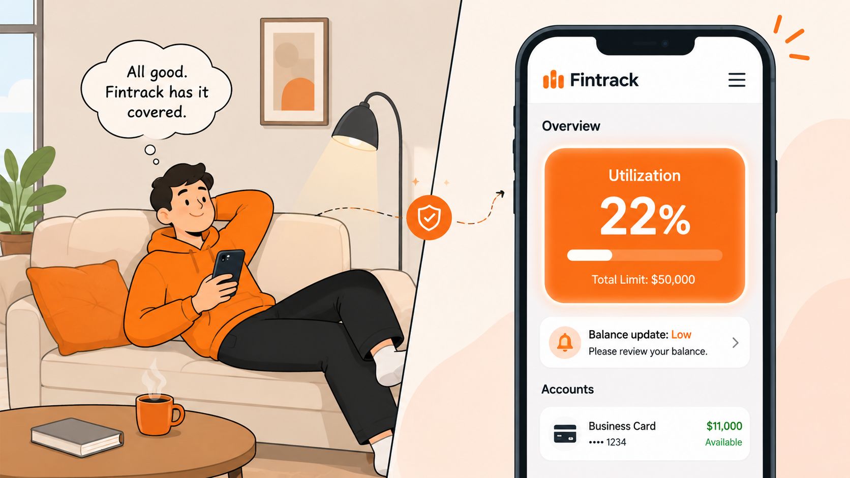 A relaxed young man sitting on a sofa while viewing his Fintrack financial credit utilization app interface.