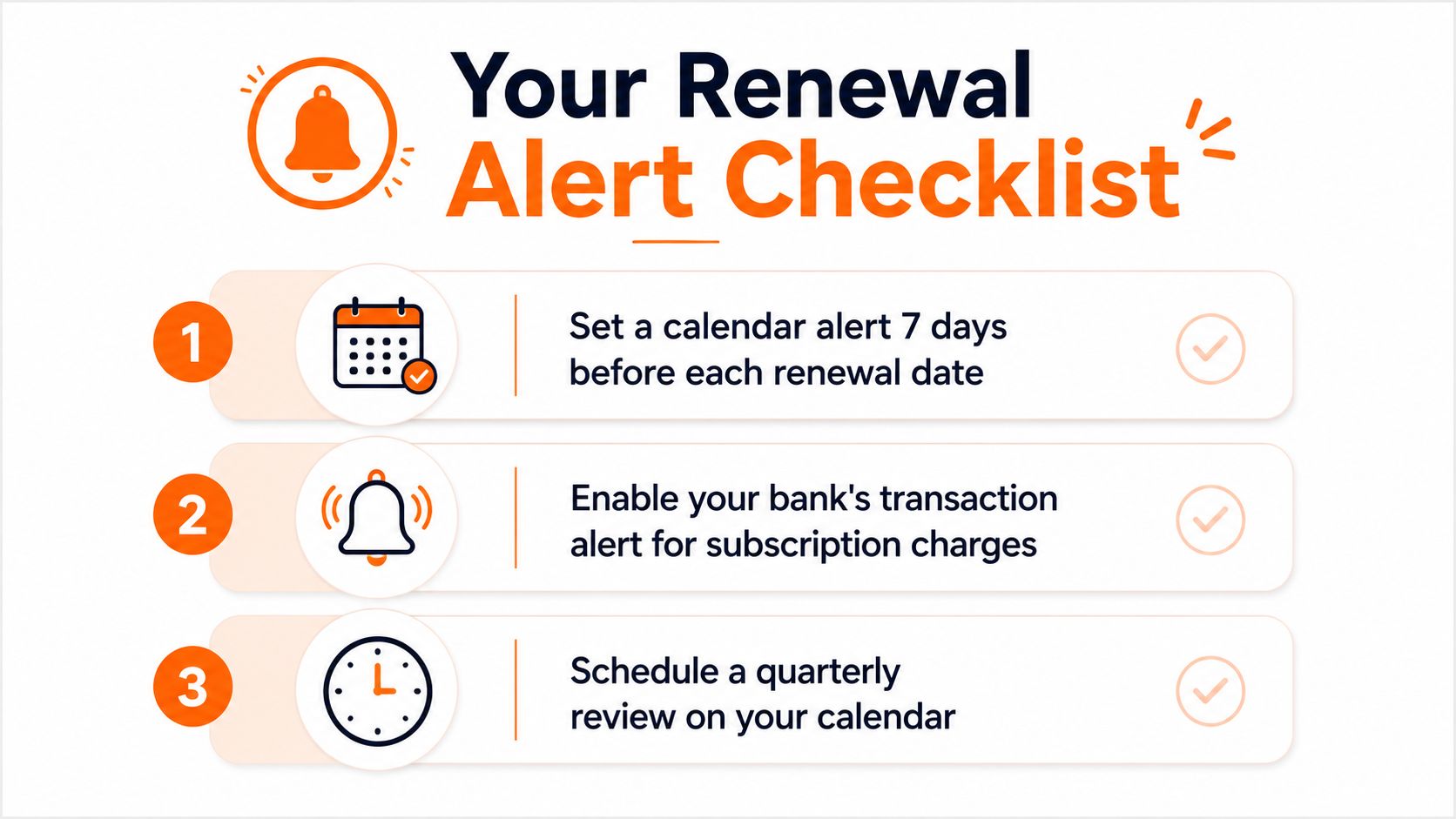 A checklist featuring three actionable steps for tracking and managing upcoming subscription renewals effectively and organized.