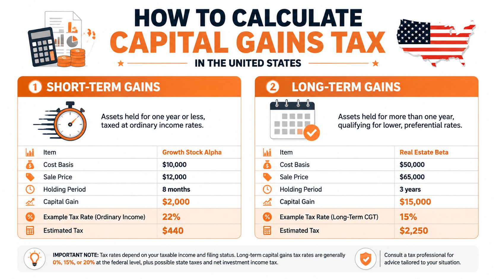 An infographic explaining how to calculate short-term and long-term capital gains tax in the United States.