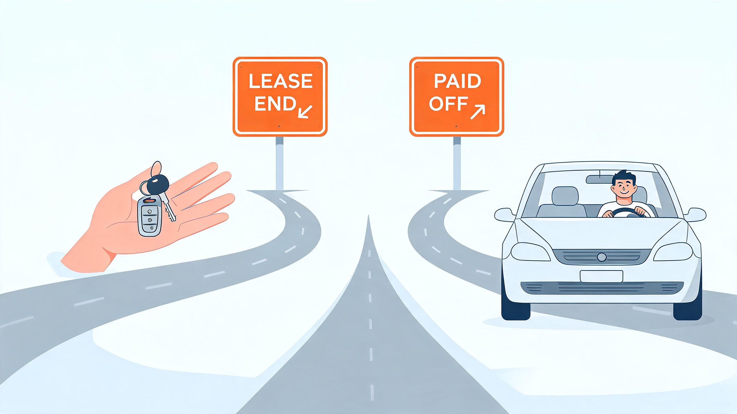 An illustration showing a choice between returning a car at lease end or owning a paid off vehicle.