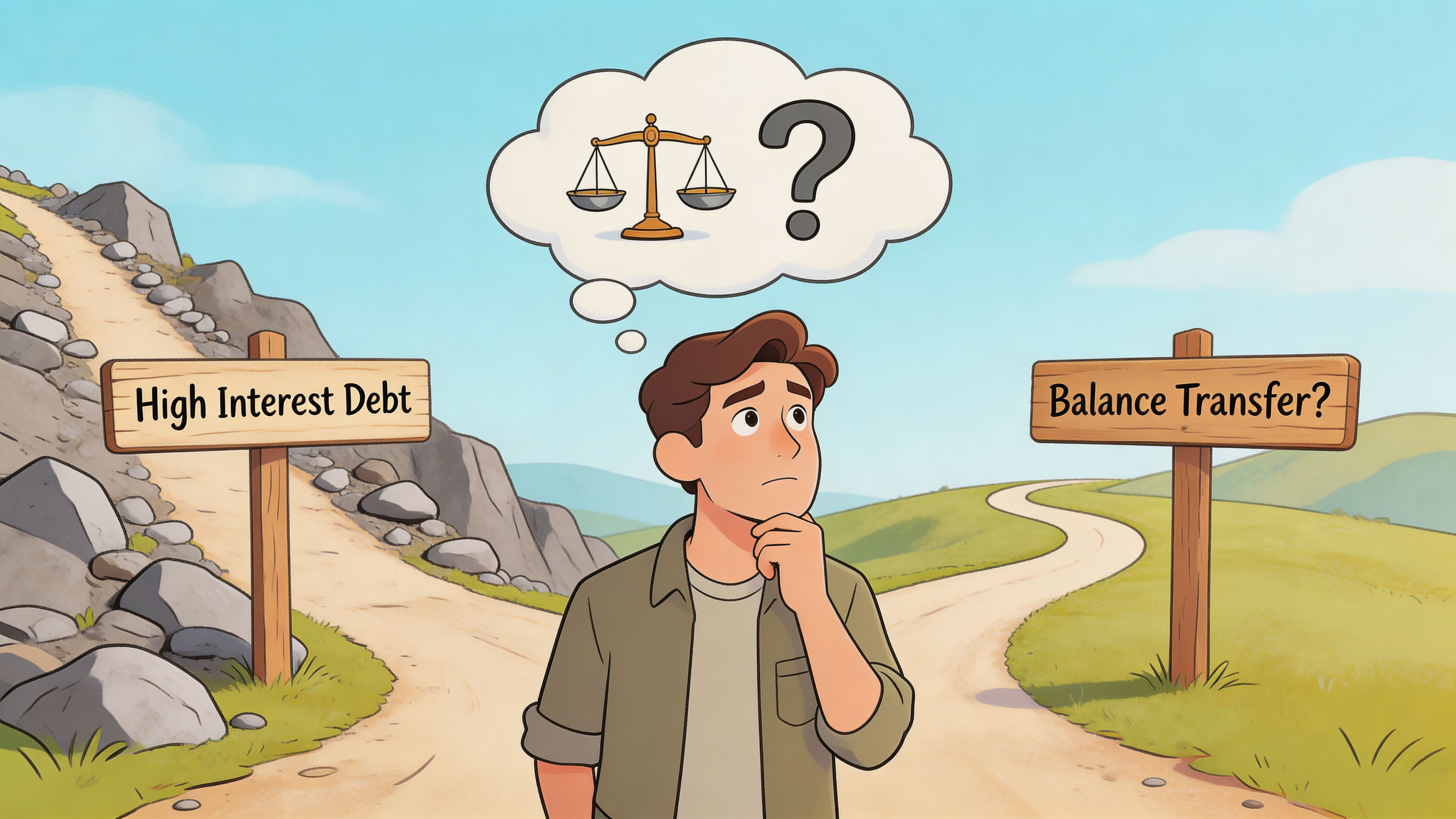 A thoughtful young man standing at a fork in the road contemplating debt or balance transfer options.