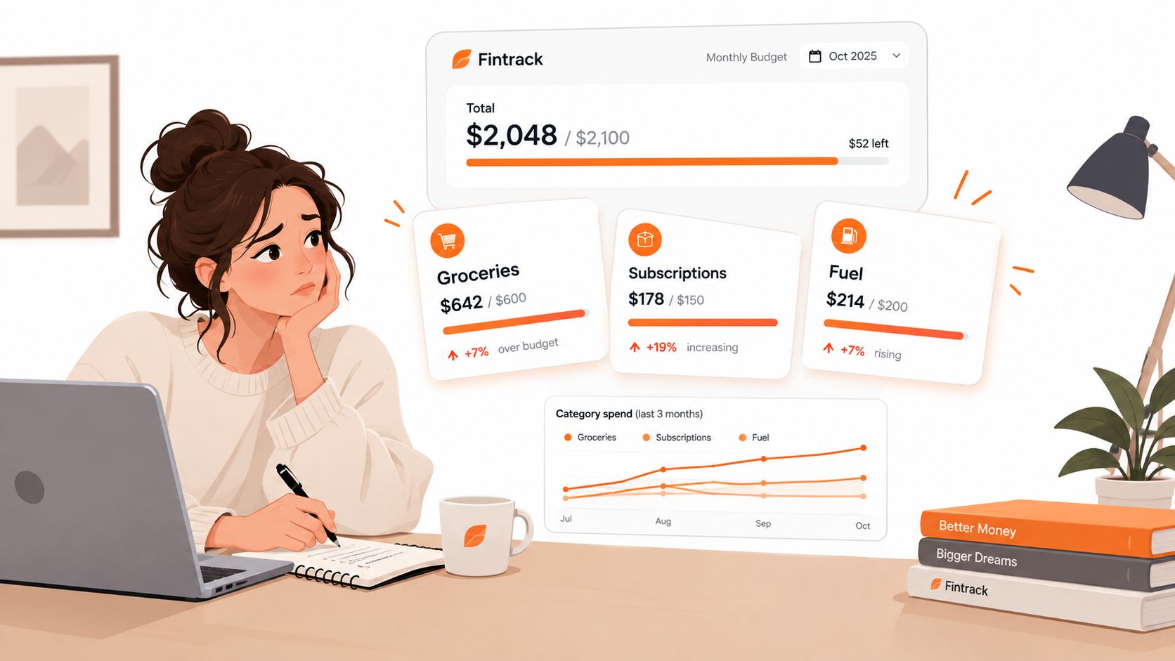 A young woman sits at a desk thoughtfully reviewing her personal monthly financial budget and spending trends.