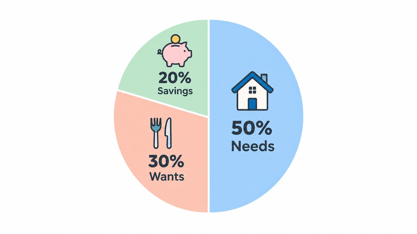 A pie chart displaying a financial plan split into 50 percent for needs, 30 percent for wants, and 20 percent for savings.