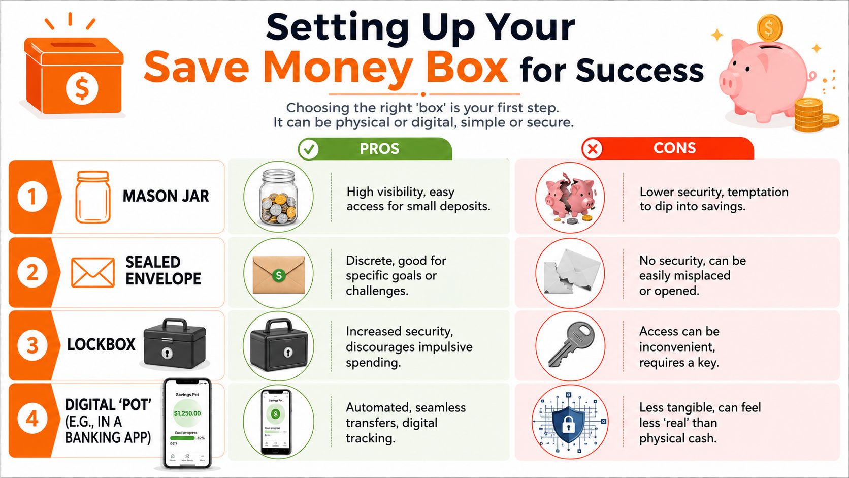 A comparison chart outlining the pros and cons of using various methods like jars or apps to save money.