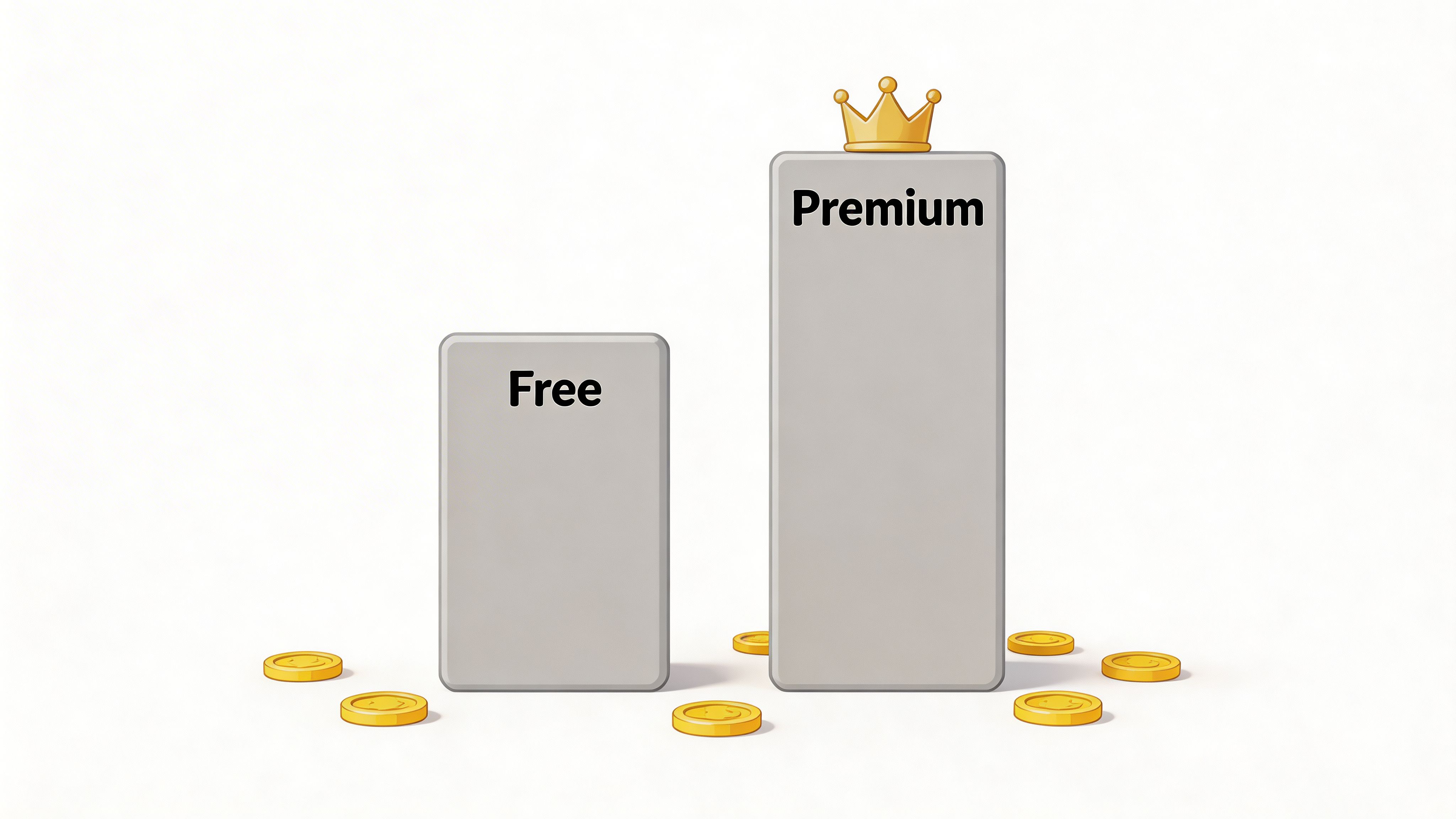 A conceptual comparison between free and premium subscription tiers with gold coins on a white background