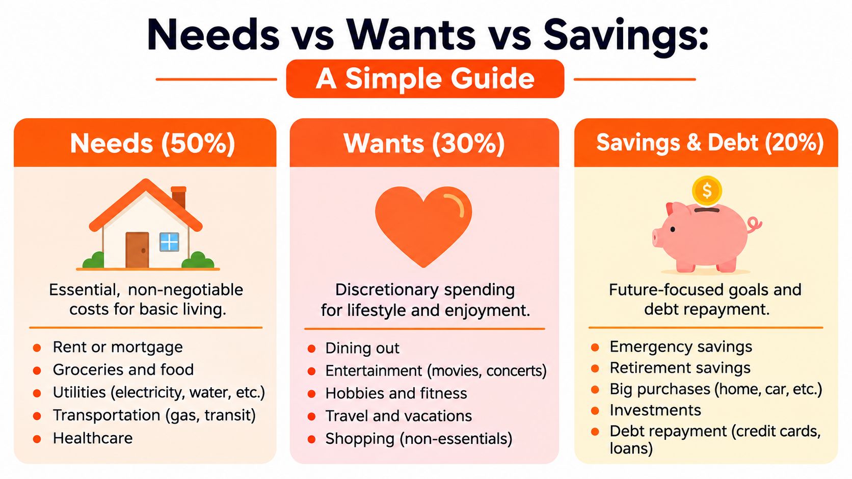 A simple infographic explaining the 50/30/20 budget rule for needs, wants, and savings with examples.