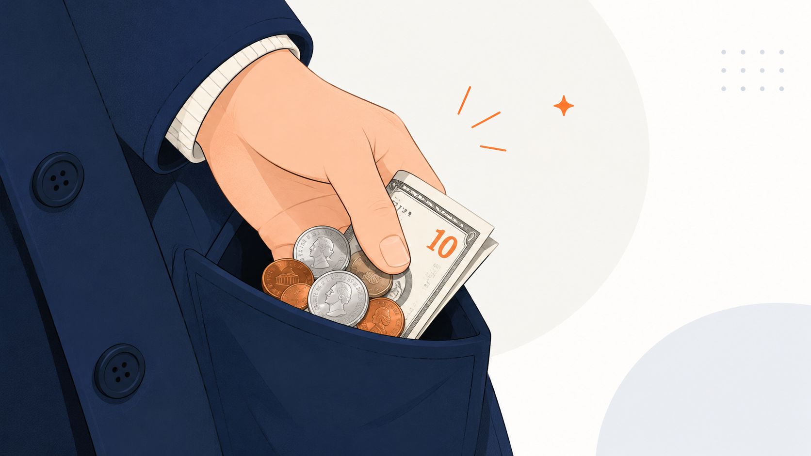 A person's hand placing cash and coins into a dark blue suit jacket pocket