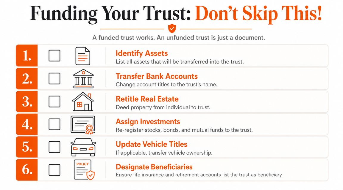 A six-step checklist explaining how to fund a trust, including listing assets and updating titles.