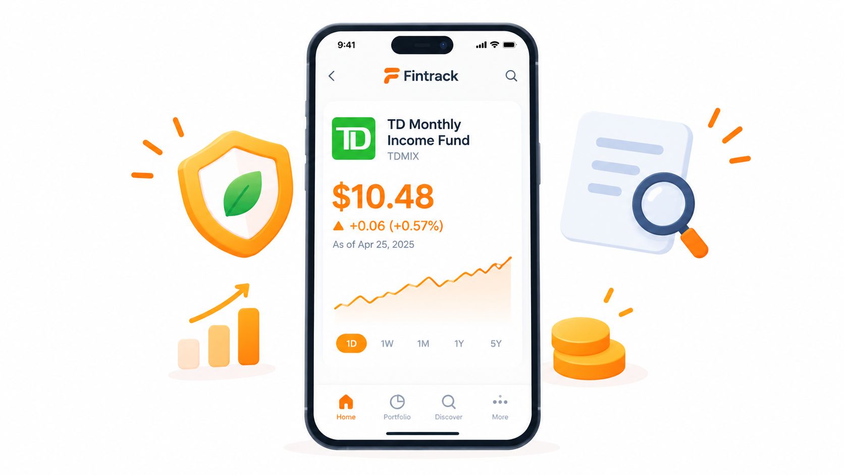 A smartphone display showing the TD Monthly Income Fund price and performance within the Fintrack mobile app.