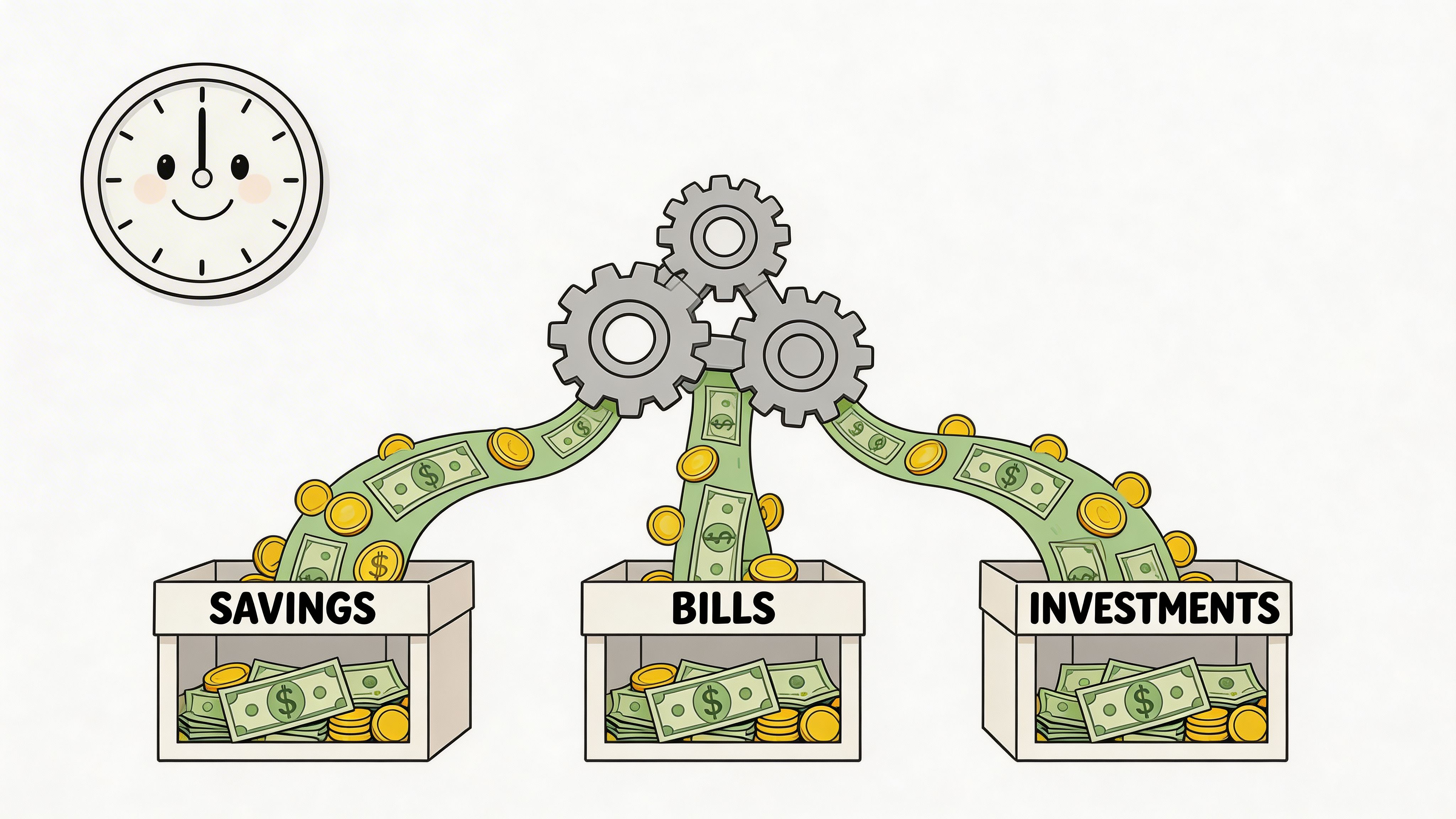 An illustration of gears distributing money into three bins labeled Savings, Bills, and Investments with a clock.