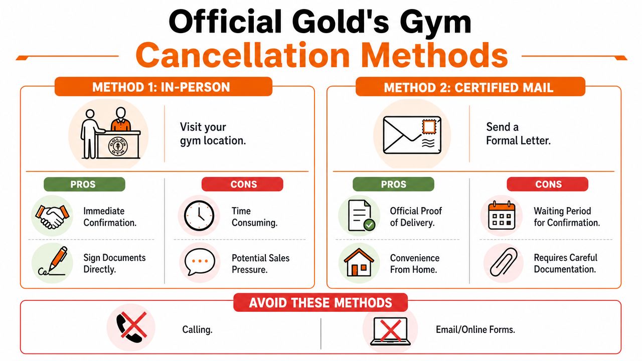 An infographic detailing official Gold's Gym membership cancellation methods including in-person visits and certified mail, plus methods to avoid.